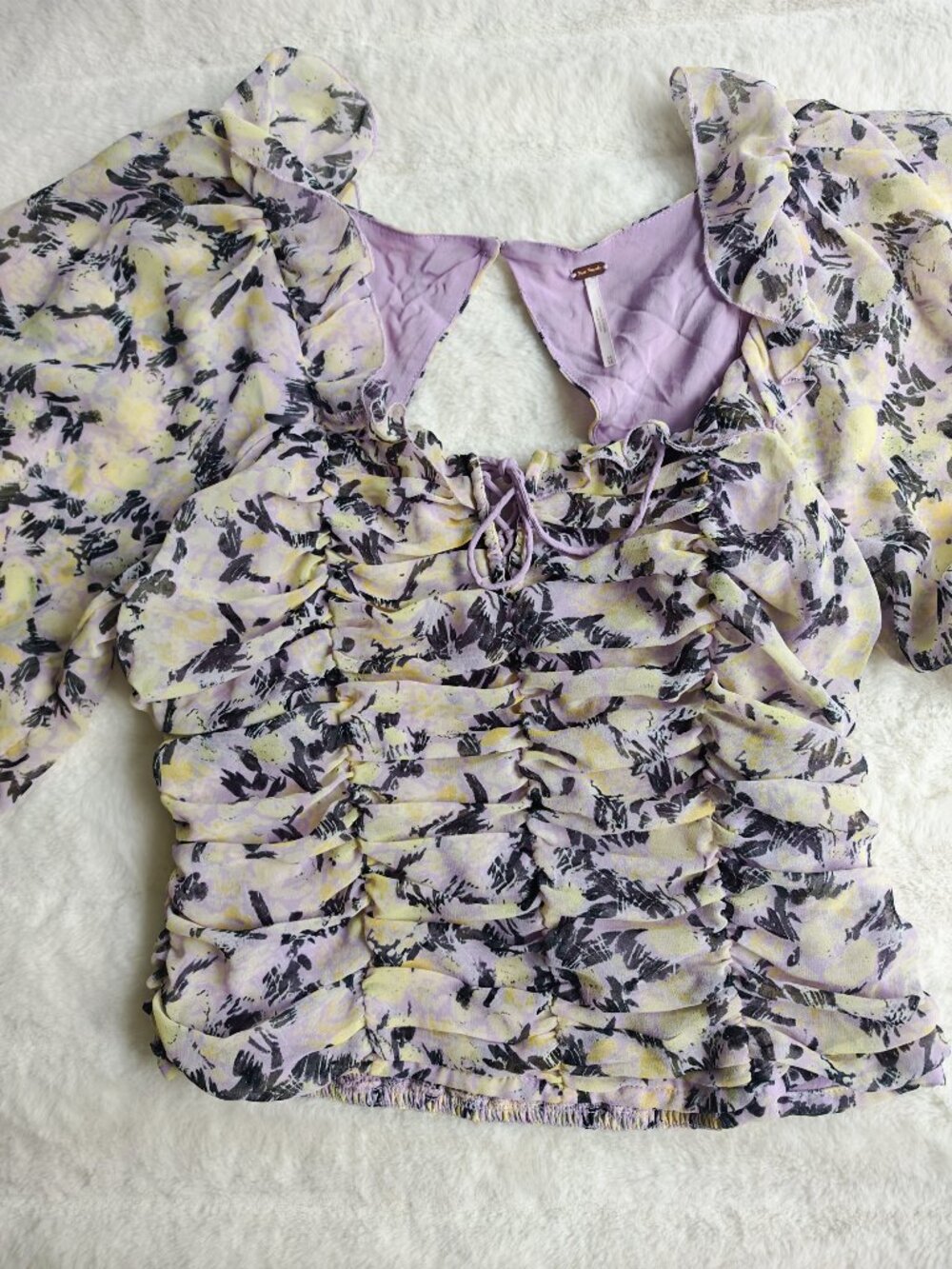 Free People Floral Ruched Blouse Top Puff Sleeve Tie Front Cottagecore Boho M - Picture 8 of 16